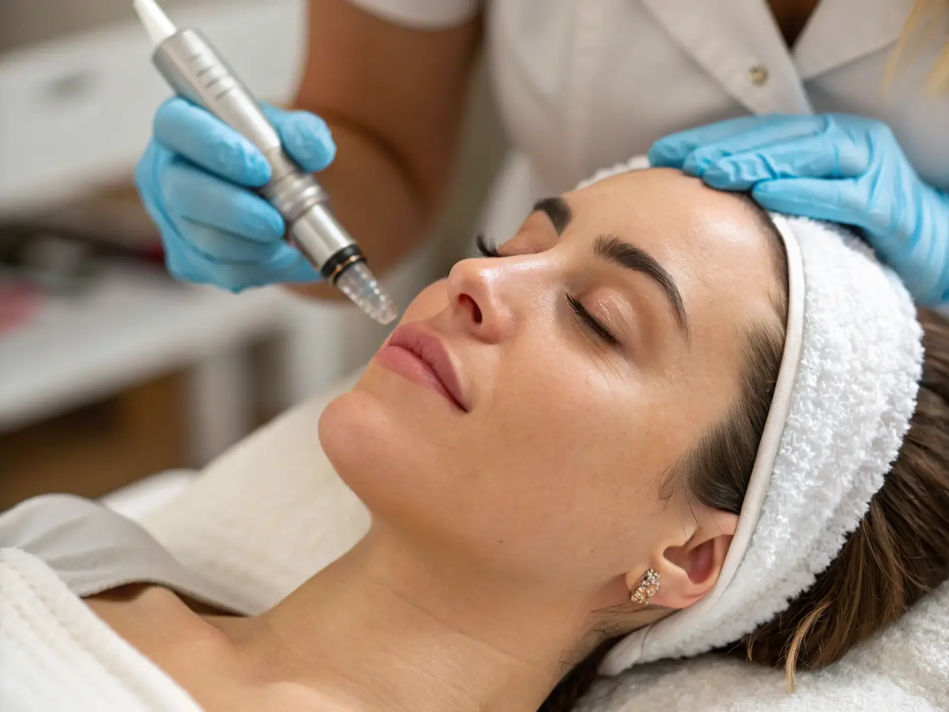 A close-up image of the micro-needling process being performed at Marbella Divine, highlighting the precision and care taken by the trained professionals.